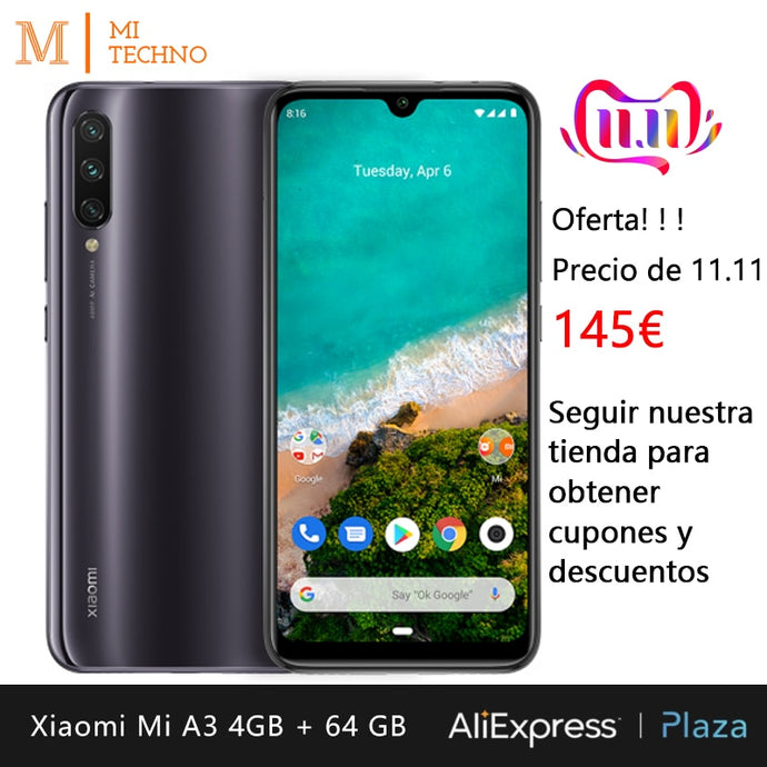 Xiaomi Mi A3 Smartphone (4 hard GB RAM, 64 hard GB ROM, phone mobile, free, new, cheap, battery 4030 mAh, Triple camera 48MP) [Global Version]
